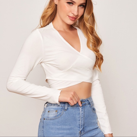 Tops - Tops Cross Wrap Front Tie Back Crop Medium white